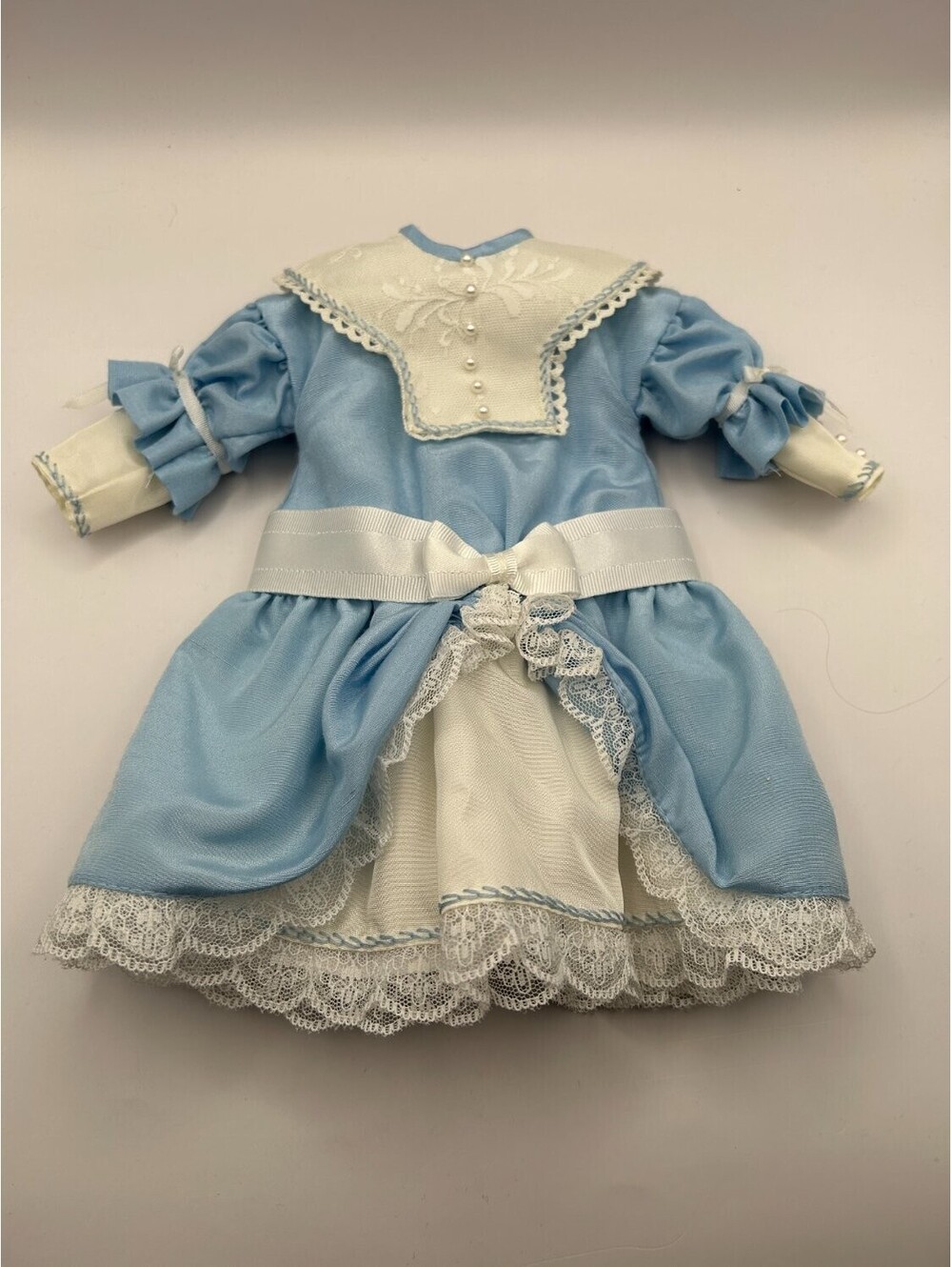 Vintage Doll Dress Light Blue Victorian Style Lace Pearl Trim Clothes Bow